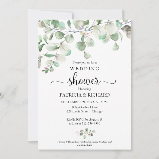 Invitation Aquarelle Eucalyptus Verdure Couples Douche (Devant)
