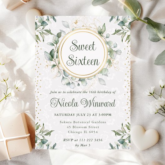 Invitation Aquarelle Eucalyptus Verdure Douce 16 ans