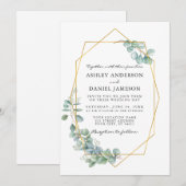 Invitation Aquarelle Eucalyptus Verdure Mariage Gold Frame (Devant / Derrière)