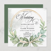 Invitation Aquarelle Eucalyptus Verdure Mariage Gold Frame (Devant / Derrière)