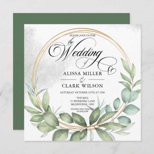 Invitation Aquarelle Eucalyptus Verdure Mariage Gold Frame (Devant / Derrière)