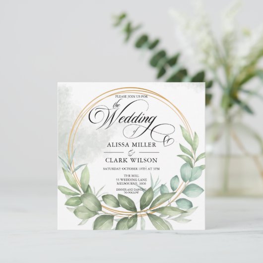 Invitation Aquarelle Eucalyptus Verdure Mariage Gold Frame (Debout devant)