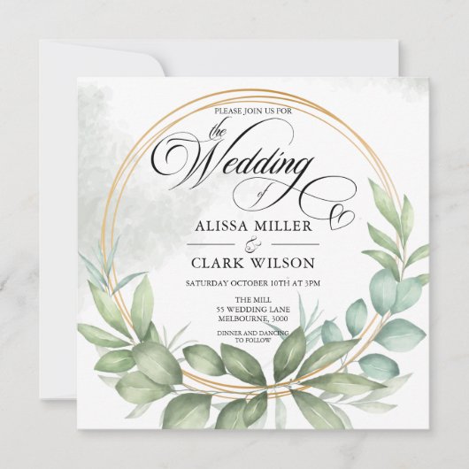 Invitation Aquarelle Eucalyptus Verdure Mariage Gold Frame (Devant)
