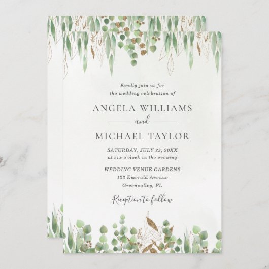 Invitation Aquarelle Eucalyptus Verdure Mariage moderne (Devant / Derrière)