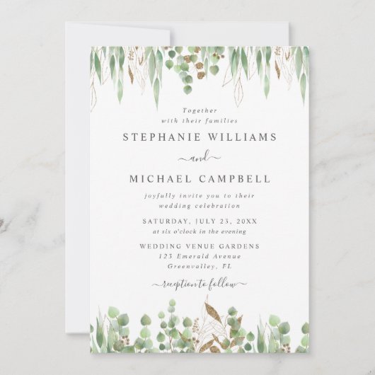 Invitation Aquarelle Eucalyptus Verdure Mariage moderne (Devant)