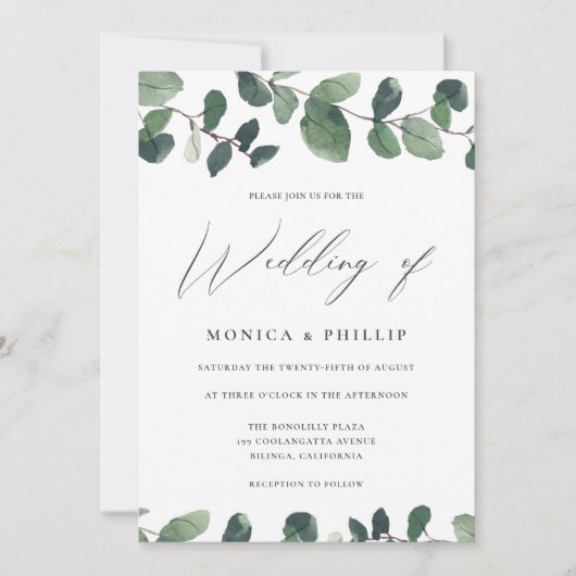 Invitation Aquarelle Eucalyptus Verdure Mariage moderne (Devant)