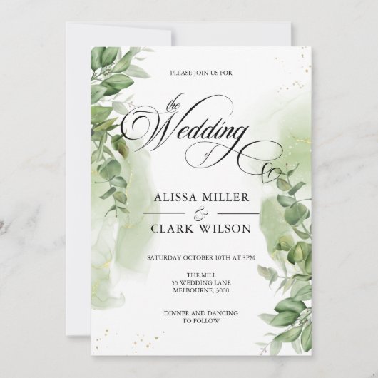Invitation Aquarelle Eucalyptus Verdure Mariage Or (Devant)