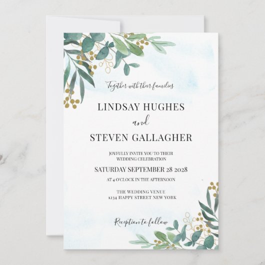 Invitation Aquarelle Eucalyptus Verdure Mariage Or (Devant)