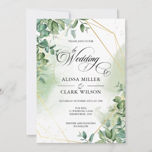 Invitation Aquarelle Eucalyptus Verdure Mariage Or Invita (Devant)