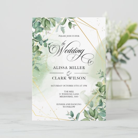 Invitation Aquarelle Eucalyptus Verdure Mariage Or Invita (Debout devant)
