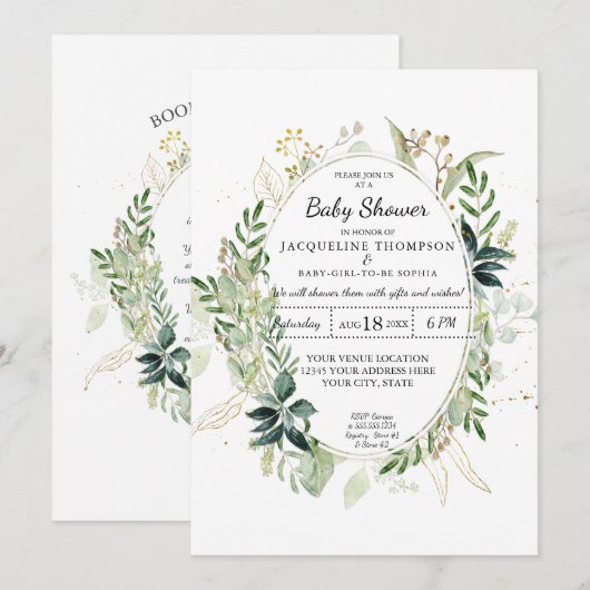 Invitation Aquarelle Eucalyptus Verdure n Baby shower Or (Devant / Derrière)