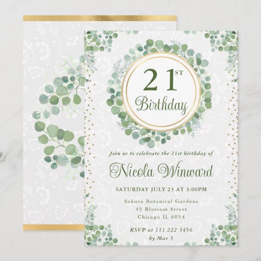 Invitation Aquarelle Eucalyptus Verdure Wreath Anniversaire (Devant / Derrière)