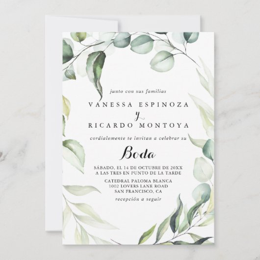 Invitation Aquarelle Eucalyptus Vert Boda (Devant)