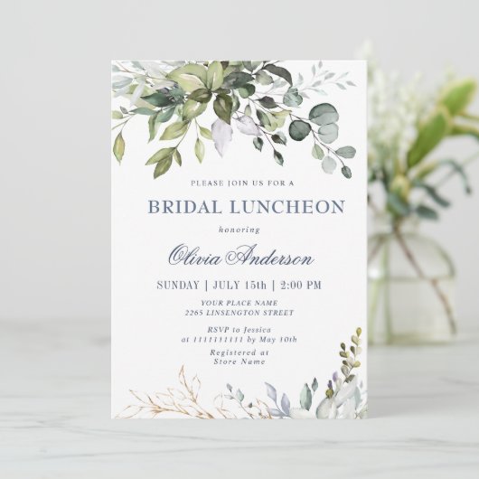 Invitation Aquarelle Eucalyptus Vert BRIDAL LUNCHEON (Debout devant)