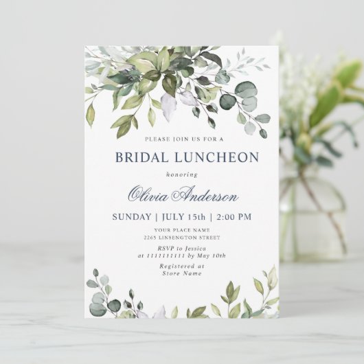 Invitation Aquarelle Eucalyptus Vert BRIDAL LUNCHEON (Debout devant)