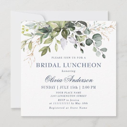 Invitation Aquarelle Eucalyptus Vert BRIDAL LUNCHEON (Devant)