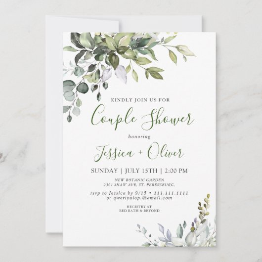 Invitation Aquarelle Eucalyptus Vert Couple Douche (Devant)