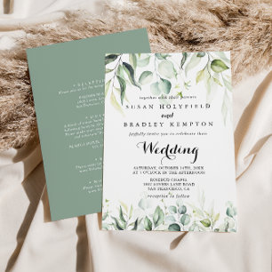 Invitation Aquarelle Eucalyptus Vert Mariage avant et arrière