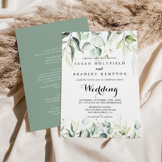 Invitation Aquarelle Eucalyptus Vert Mariage avant et arrière