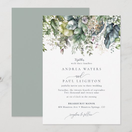 Invitation Aquarelle Eucalyptus Vert | Mariage botanique (Devant / Derrière)