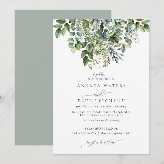 Invitation Aquarelle Eucalyptus Vert | Mariage botanique (Devant / Derrière)