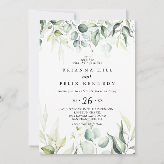 Invitation Aquarelle Eucalyptus Vert Mariage Décontracté (Devant)