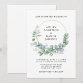 Invitation Aquarelle Eucalyptus Vert Mariage Or (Devant / Derrière)