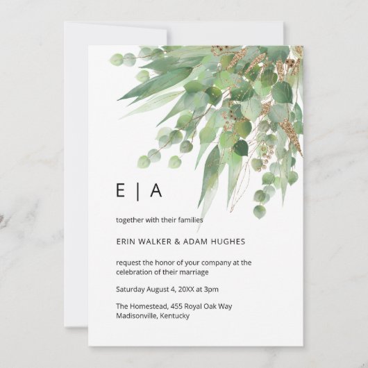 Invitation Aquarelle eucalyptus vert & or feuille mariage (Devant)