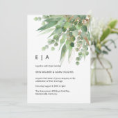 Invitation Aquarelle eucalyptus vert & or feuille mariage (Debout devant)