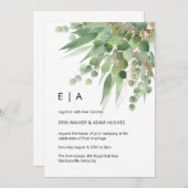 Invitation Aquarelle eucalyptus vert & or feuille mariage (Devant / Derrière)