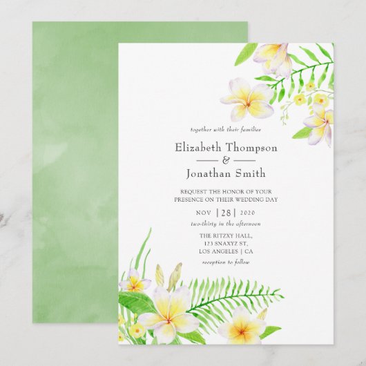 Invitation Aquarelle exotique Frangipani Mariage Floral (Devant / Derrière)