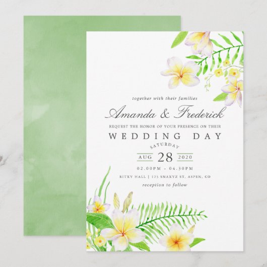 Invitation Aquarelle exotique Frangipani Mariage floral Invit (Devant / Derrière)