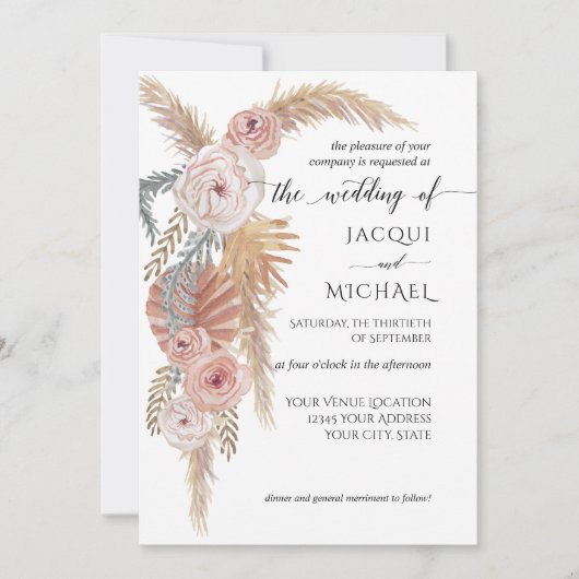Invitation Aquarelle Faded Floral BOHO Pampas Grass Folithe (Devant)