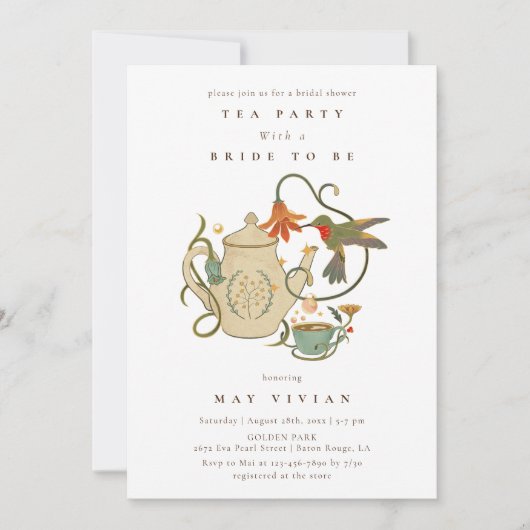 Invitation Aquarelle Faecore fleurie Tea Party Fête des marié (Devant)