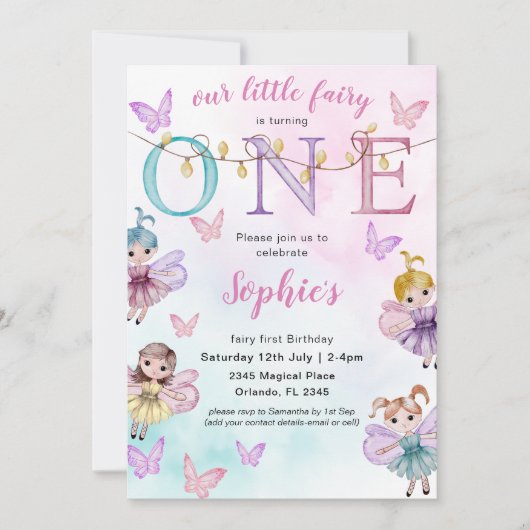 Invitation Aquarelle Fairy First Whimsical Anniversaire (Devant)