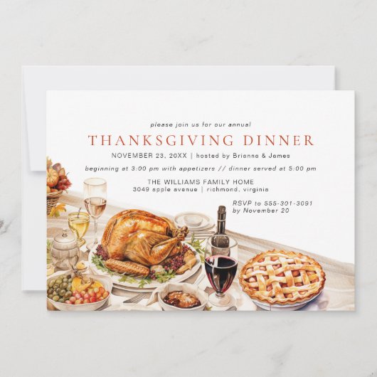Invitation Aquarelle Fancy Table Classic Thanksgiving Dîner (Devant)