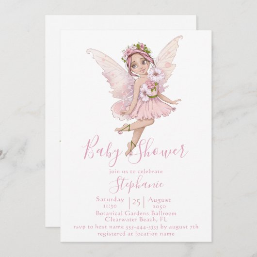 Invitation Aquarelle Fée et Fleurs Illustrations Douche (Devant / Derrière)