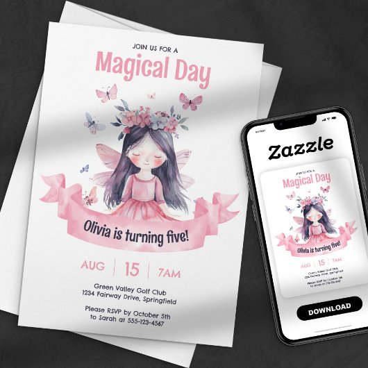 Invitation Aquarelle Fée Magique Princesse Anniversaire