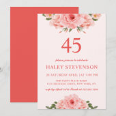 Invitation Aquarelle féminine Coral Chic Floral 45 Anniversai (Devant / Derrière)