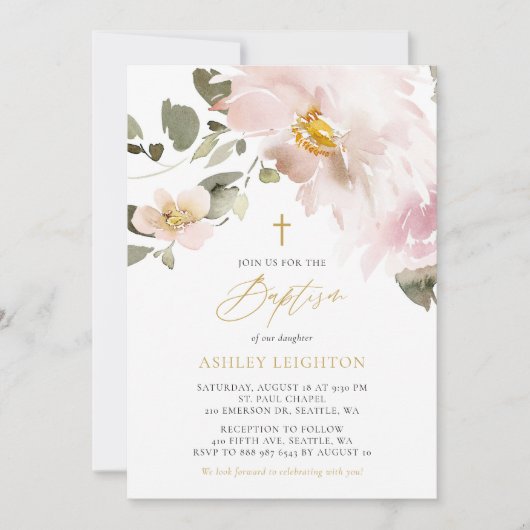 Invitation Aquarelle feminine Fleurs rousses Fille Baptême (Devant)