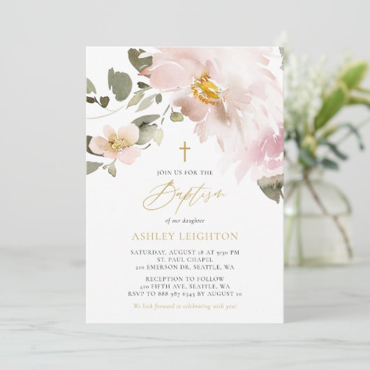 Invitation Aquarelle feminine Fleurs rousses Fille Baptême (Debout devant)