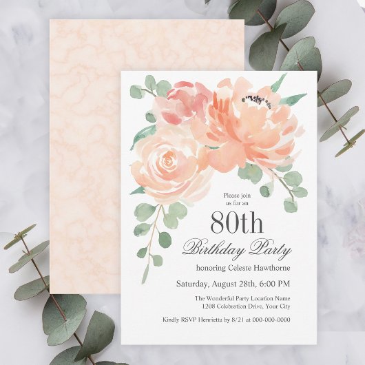 Invitation Aquarelle féminine Floral 80e fête d'anniversaire