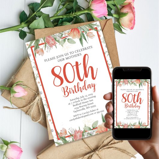 Invitation Aquarelle féminine Floral 80e fête d'anniversaire