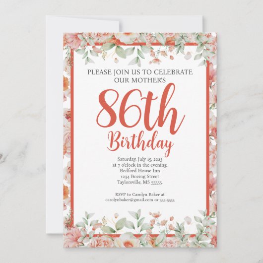 Invitation Aquarelle féminine Floral 86e fête d'anniversaire (Devant)