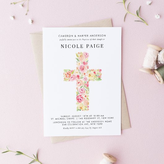 Invitation Aquarelle féminine Printemps Croix florale Baptême