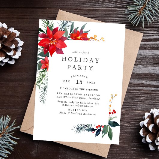 Invitation Aquarelle Festive Poinsettia Frame Holiday