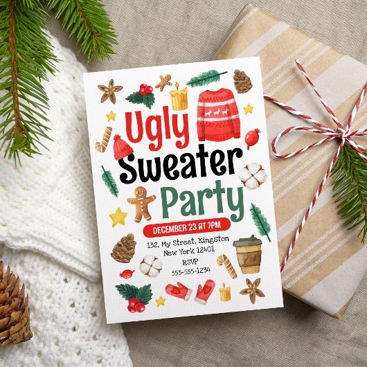 Invitation Aquarelle Festive Ugly Sweater Party