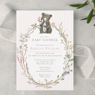 Invitation Aquarelle Fête de Bébé Fleur Sauvage Ours de la Fo