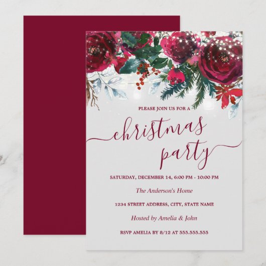 Invitation Aquarelle Fête de Noël Rouge Floral (Devant / Derrière)