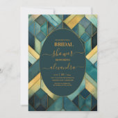Invitation Aquarelle Fête des mariées Art Déco Vert et Or (Devant)